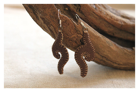 Felt Earrings Spiral - Simplistic Brown, Hand Stitched Dangles