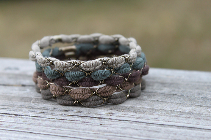 Tribal Bangle Bracelet Nature Child - Stackable. Recycled Fabric Wire Wrapped.